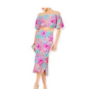 Lilly Pulitzer Pink and Blue Floral Crop Top & Midi Skirt